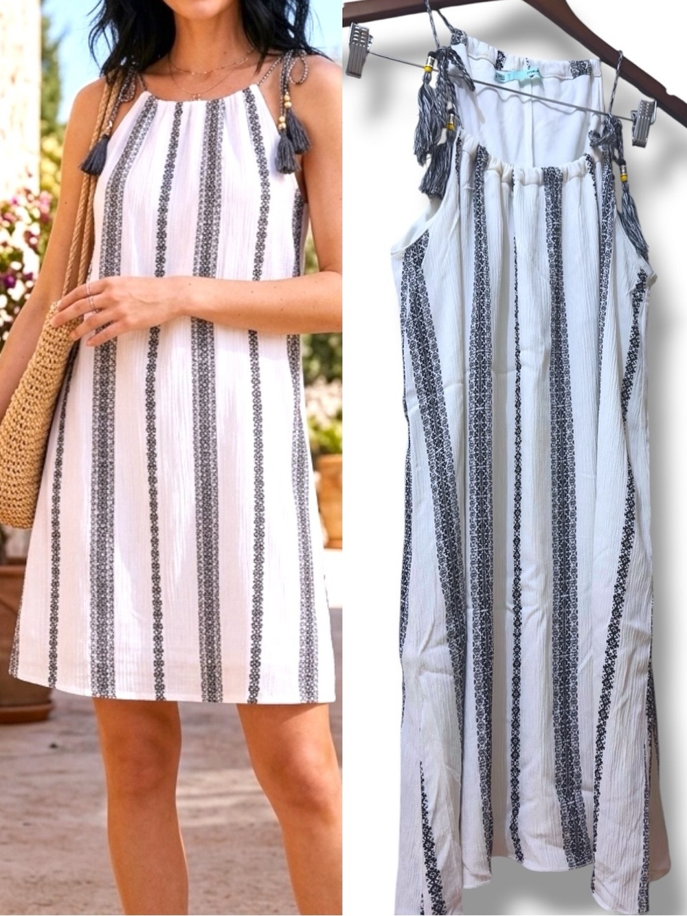 Maurices | NWOT Boho White Navy Striped Tassel-Shoulder Sundress (size S)